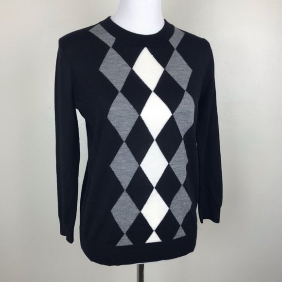 J. Crew Merino Wool Black White Gray Argyle Pullover Sweater (size XS) - Picture 1 of 9